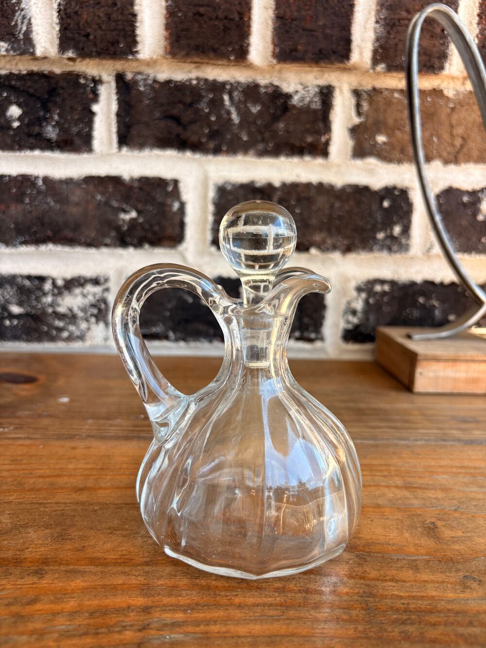 Vintage Clear Glass Cruet Decanter w Stopper Ribbed Fluted Oil Vinegar Pitcher
